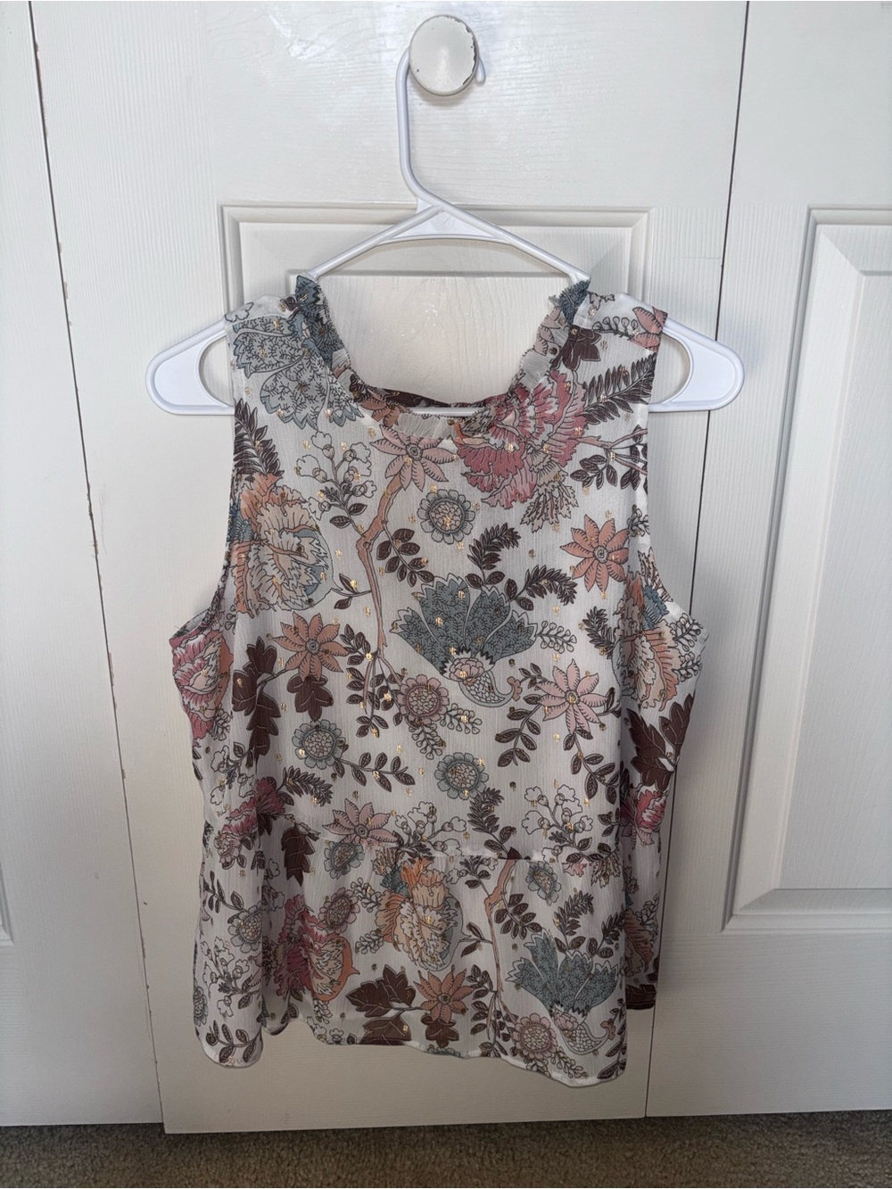 LOFT Cream Floral Sleeveless Peplum Top with Pink and Brown Accents
